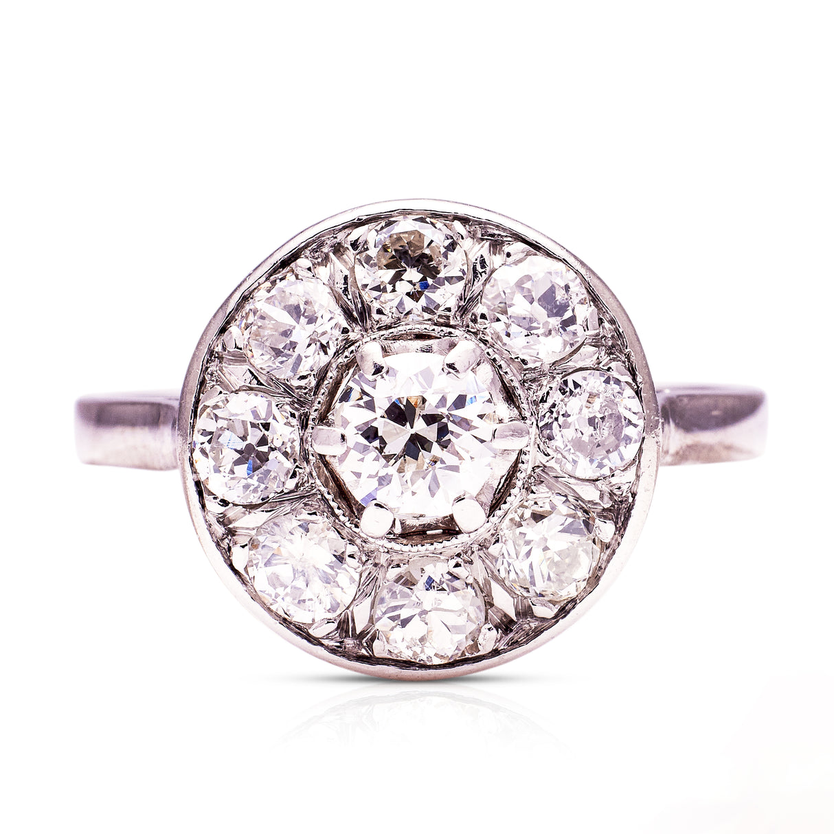 Vintage, Art Deco Diamond Cluster Ring, Platinum, front view