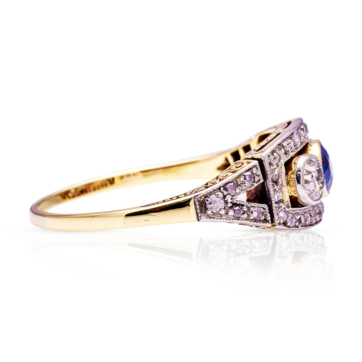 Antique, Belle Époque Sapphire and Diamond Three Stone Ring, 18ct Yellow Gold and Platinum side view