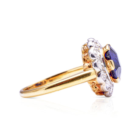 belle epoque sapphire and diamond cluster ring, side view.
