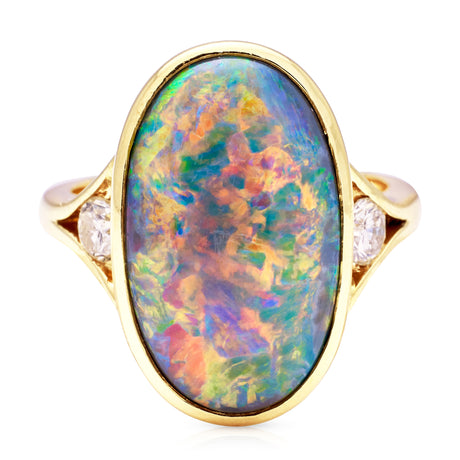 Vintage, Black Opal and Diamond Cocktail Ring, 18ct Yellow Gold front view
