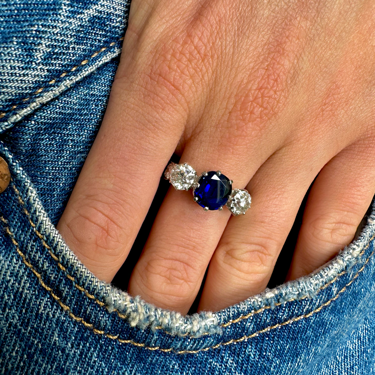 Art Deco, French, royal blue sapphire & diamond three-stone engagement ring