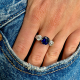 Art Deco, French, royal blue sapphire & diamond three-stone engagement ring
