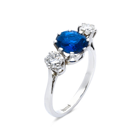 Burma blue sapphire & diamond three-stone engagement ring, platinum