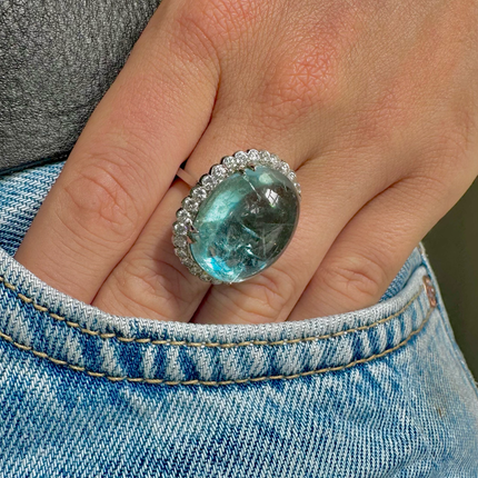 Vintage Cabochon Aquamarine and Diamond Cluster Cocktail Ring, Platinum