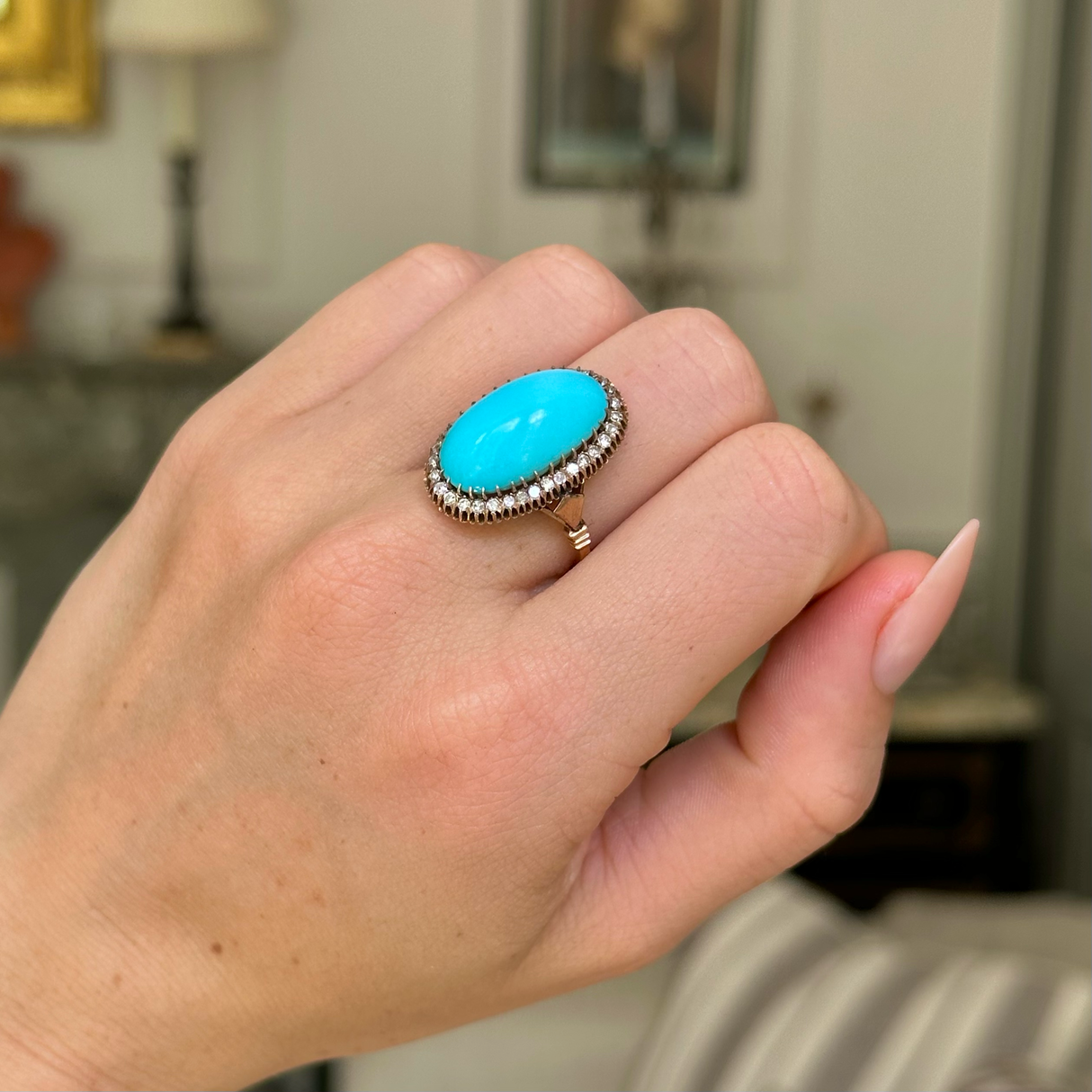 Edwardian, 18ct gold, natural cabochon turquoise & diamond ring