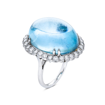 Vintage Cabochon Aquamarine and Diamond Cluster Cocktail Ring, Platinum