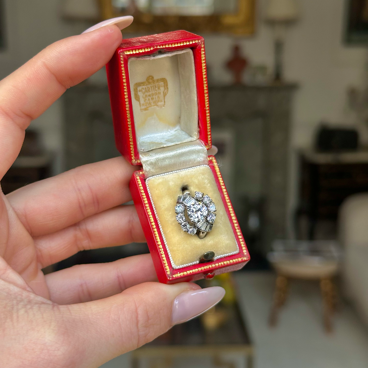 Cartier Diamond Engagement Ring in antique cartier box.