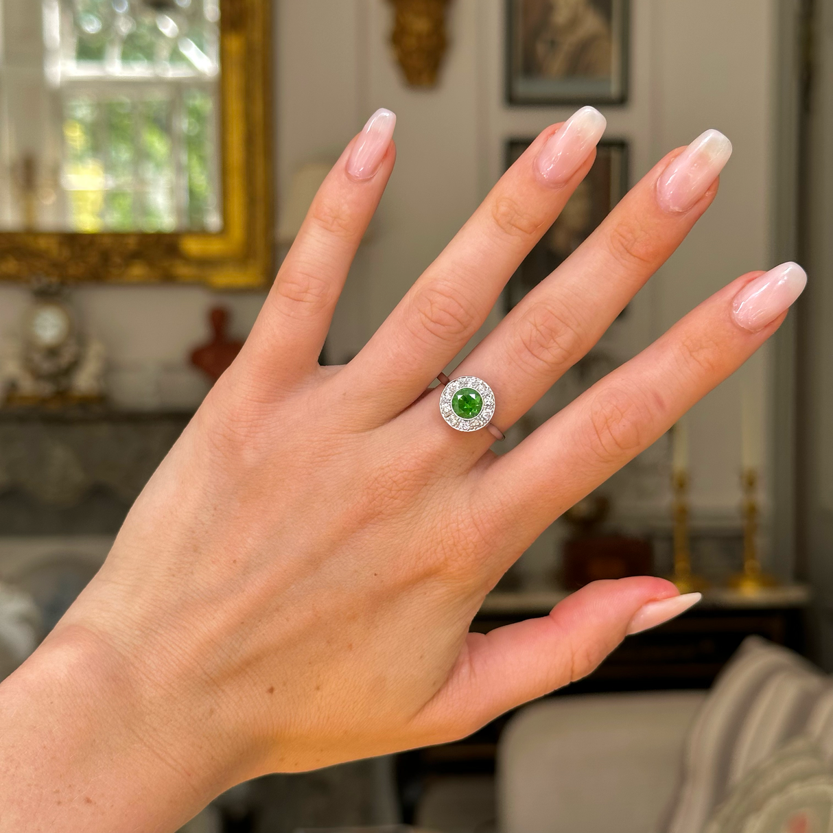 Vintage 1.20ct Demantoid Green Garnet and Diamond Cluster Ring