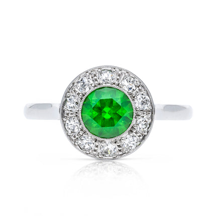 Exceptional Vintage 1.20ct Demantoid Green Garnet and Diamond Cluster Ring, 18ct White Gold