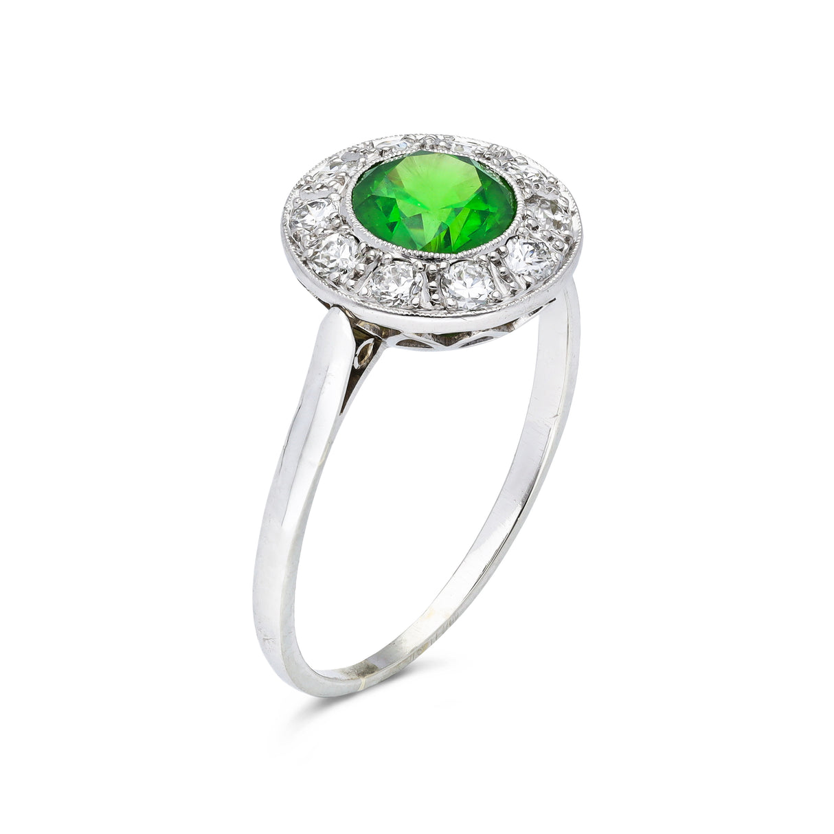 Vintage, 1.20ct demantoid green garnet & diamond cluster ring, 18ct white gold