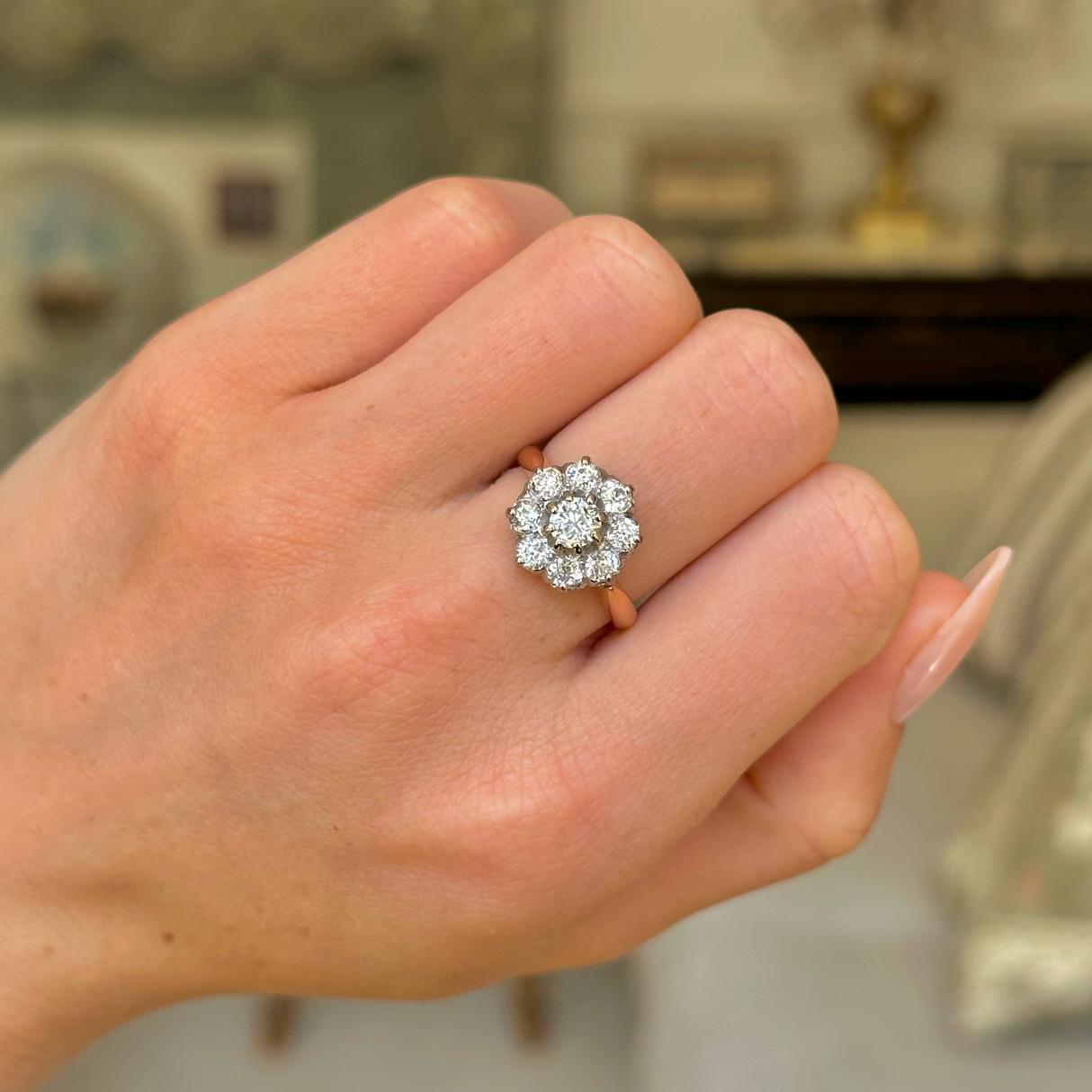 Antique Belle Époque Diamond Cluster Engagement Ring - hand pic
