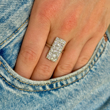 Art Deco diamond panel ring, worn on hand in pocket of jeans.