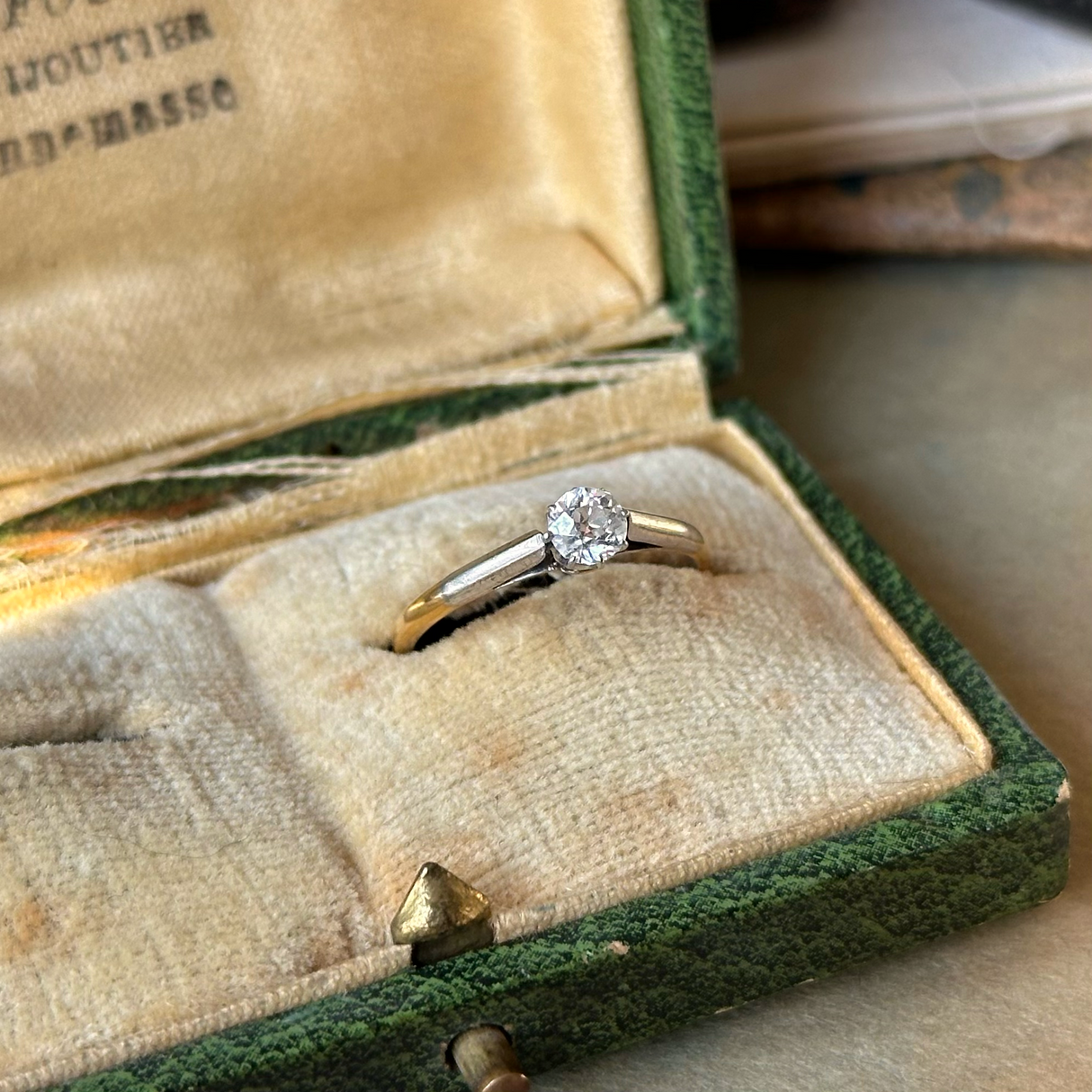 Edwardian solitaire diamond engagement ring, front view.  