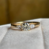 Diamond three-stone engagement ring on a blurred background to show diamond clarity and colour. 