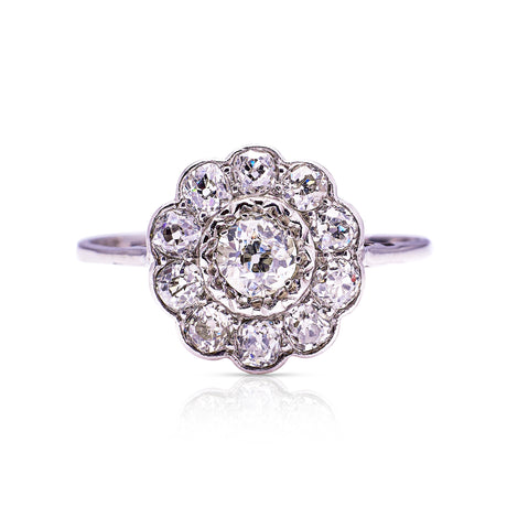 edwardian diamond daisy cluster engagement ring, front view. 