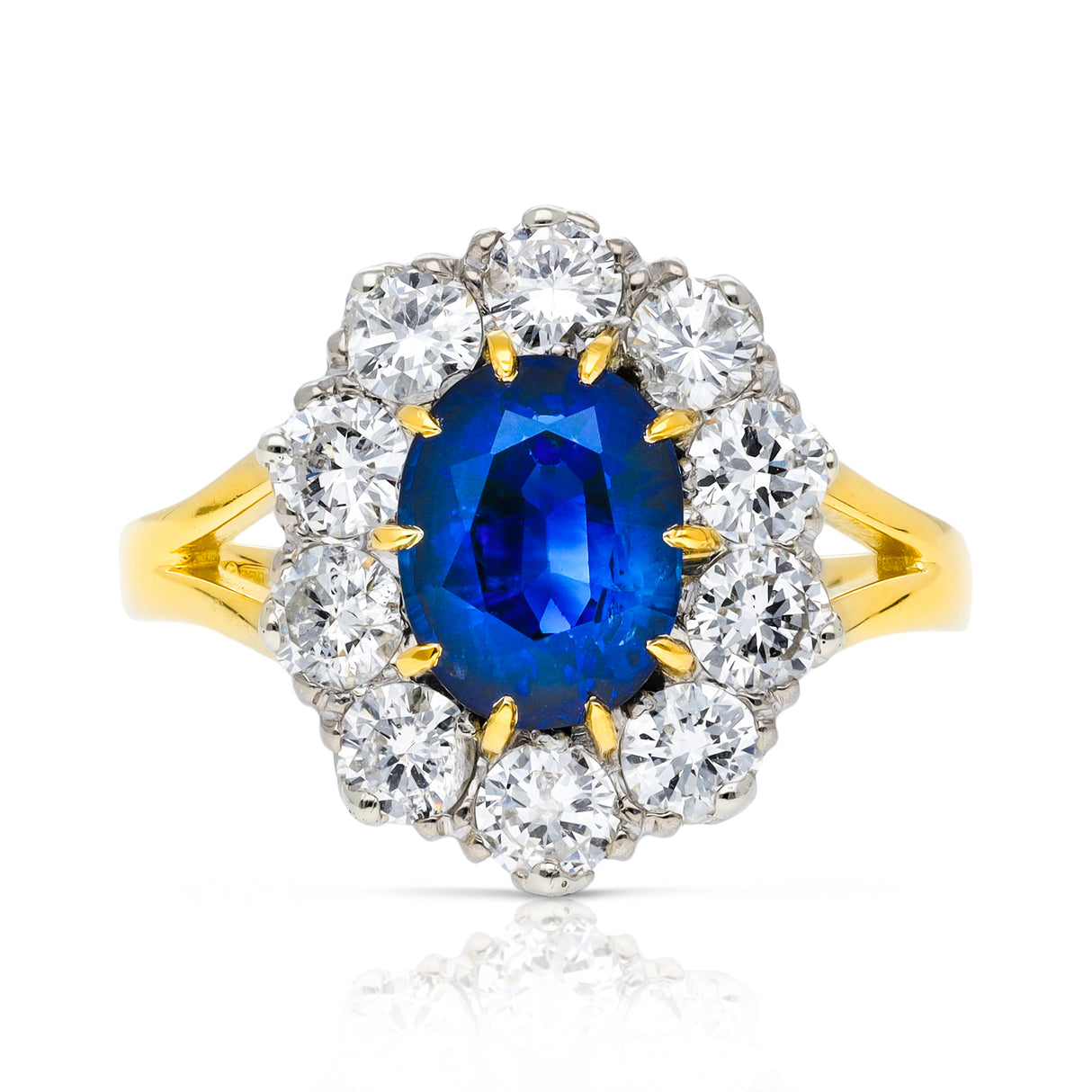 Vintage, Blue Sapphire and Diamond Cluster Engagement Ring, 18ct Yellow Gold