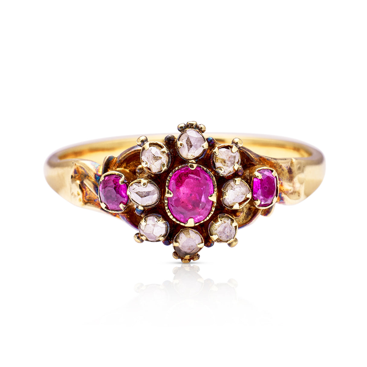 Antique, early Victorian ruby & diamond cluster ring, 18ct yellow gold