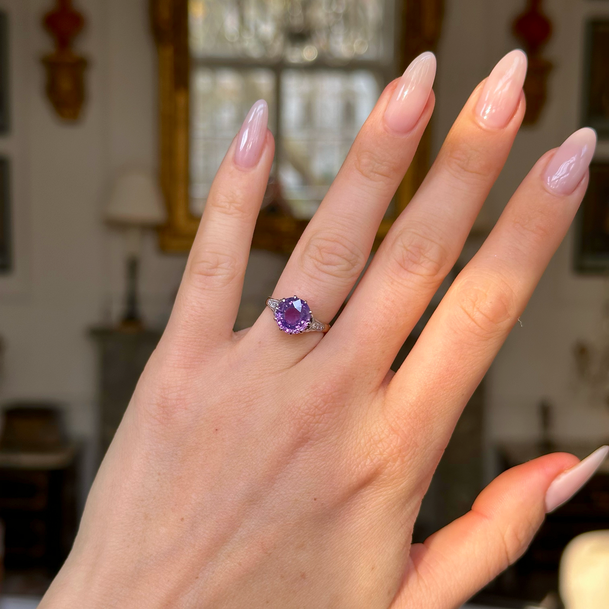 Purple sapphire engagement ring, rear view.