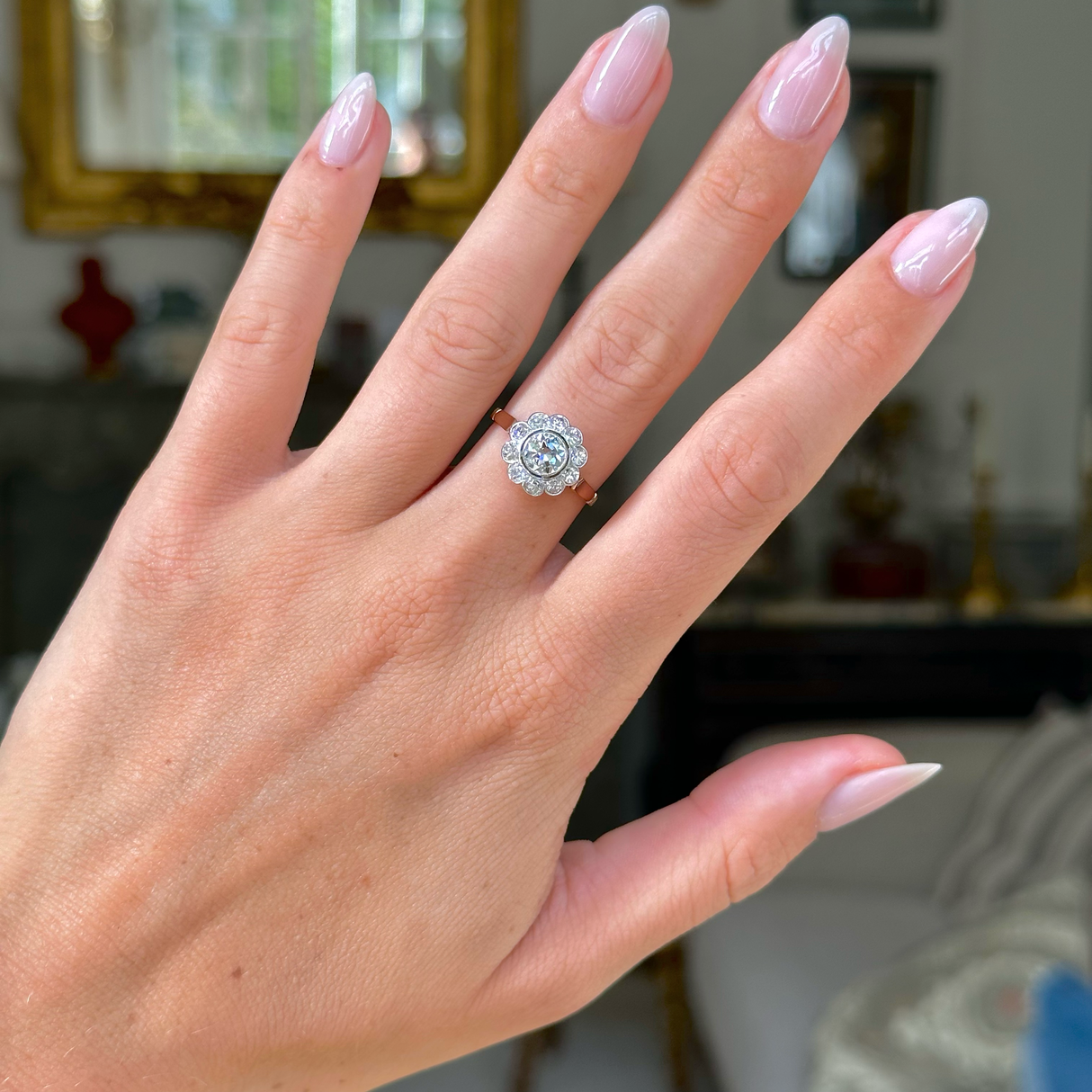 Antique Diamond Daisy Cluster Engagement Ring 14ct Yellow Gold