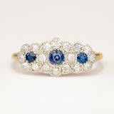 Edwardian Antique Sapphire Diamond Triple Cluster Ring - Engagement