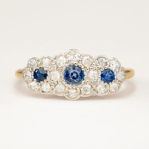 Edwardian Antique Sapphire Diamond Triple Cluster Ring - Engagement