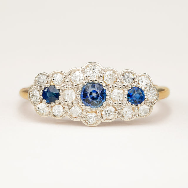 Edwardian Antique Sapphire Diamond Triple Cluster Ring - Engagement