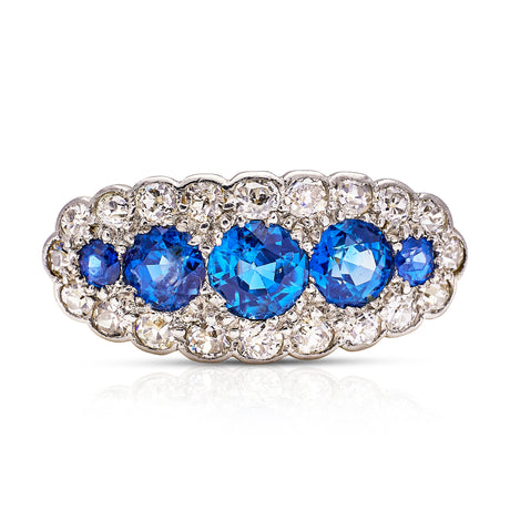 Edwardian Blue Sapphire and Diamond Five Stone Ring, 18ct Yellow GoldEdwardian Blue Sapphire and Diamond Five Stone Ring, 18ct Yellow Gold