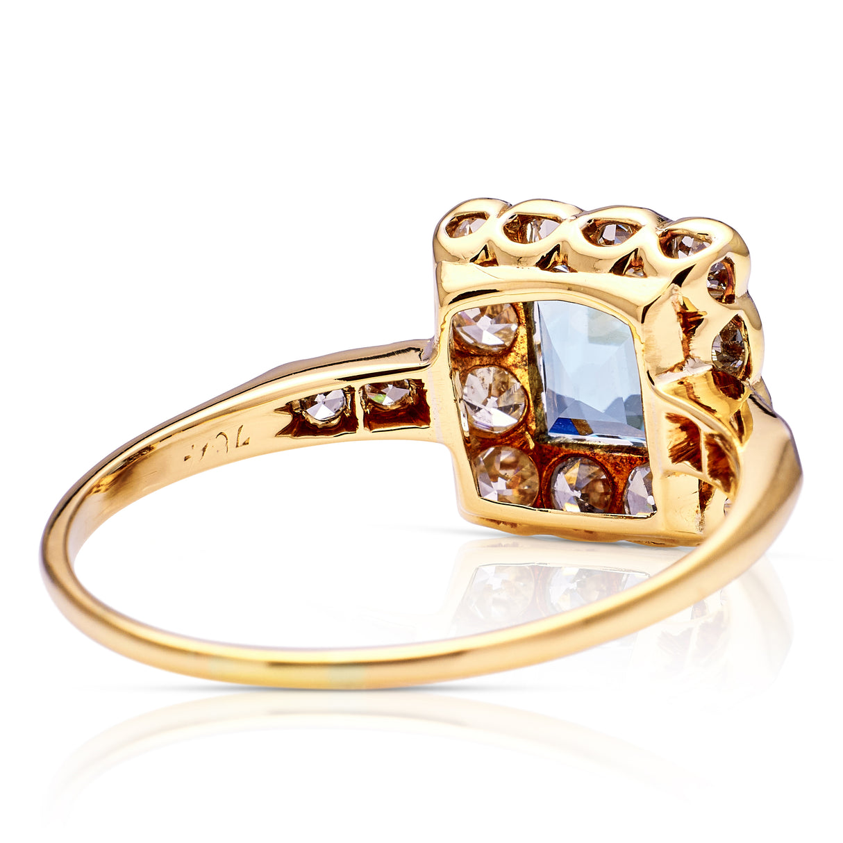 Antique, Edwardian Aquamarine and Diamond Square Cluster Ring, 18ct Yellow Gold and Platinum rear view