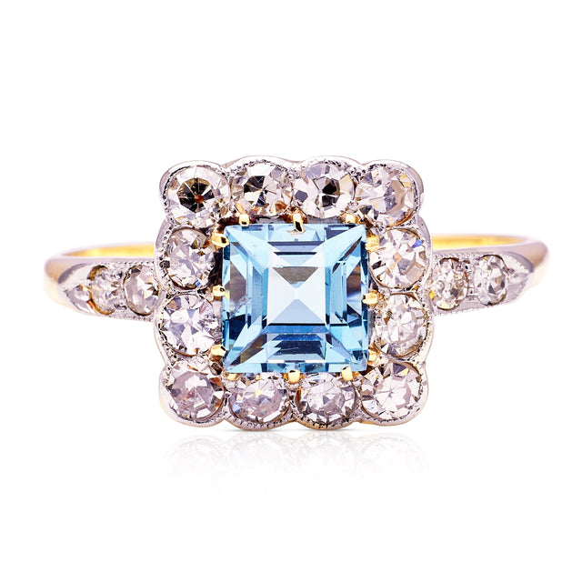 Antique, Edwardian Aquamarine and Diamond Square Cluster Ring, 18ct Yellow Gold and Platinum front view