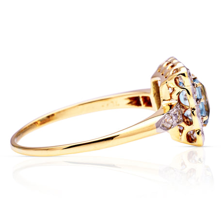 Antique, Edwardian Aquamarine and Diamond Square Cluster Ring, 18ct Yellow Gold and Platinum side view