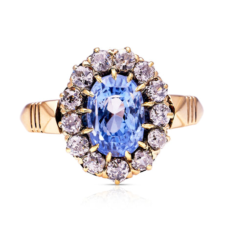 Antique, Edwardian Sapphire and Diamond Cluster Ring, 14ct Yellow Gold front view