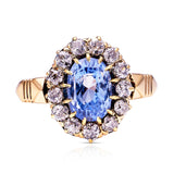 Antique, Edwardian Sapphire and Diamond Cluster Ring, 14ct Yellow Gold front view