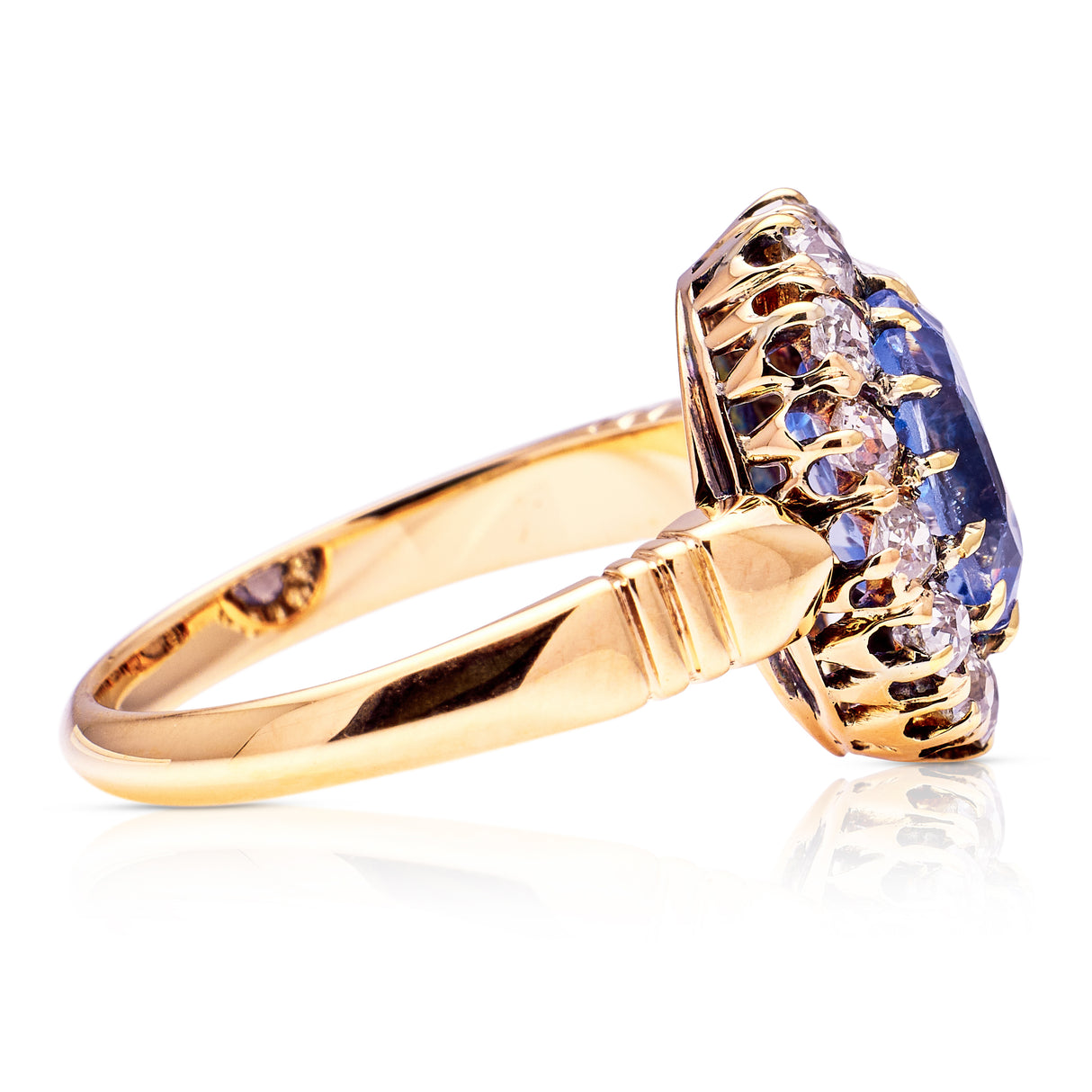 Antique, Edwardian Sapphire and Diamond Cluster Ring, 14ct Yellow Gold side view