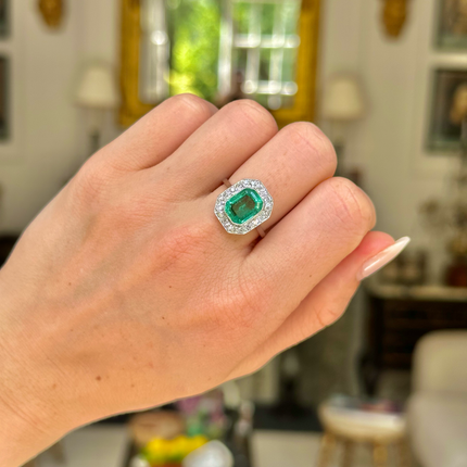 Art Deco, 1920s, Emerald and Diamond Cluster Engagement Ring, Platinum