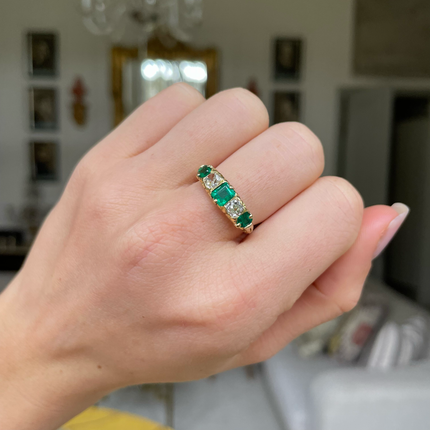 Victorian Emerald and Diamond Five Stone Engagement Ring, 18ct Yellow Gold