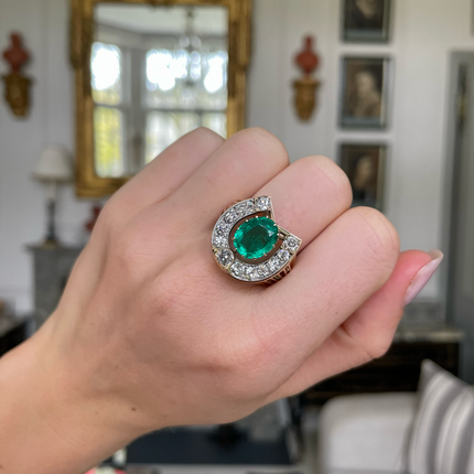 Antique Colombian Emerald and Diamond Horse Shoe Statement Ring