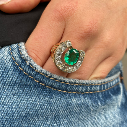 Antique Colombian Emerald and Diamond Horse Shoe Statement Ring