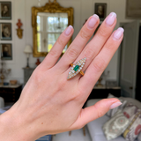 Belle Époque, French, emerald & diamond marquise cluster ring, original box