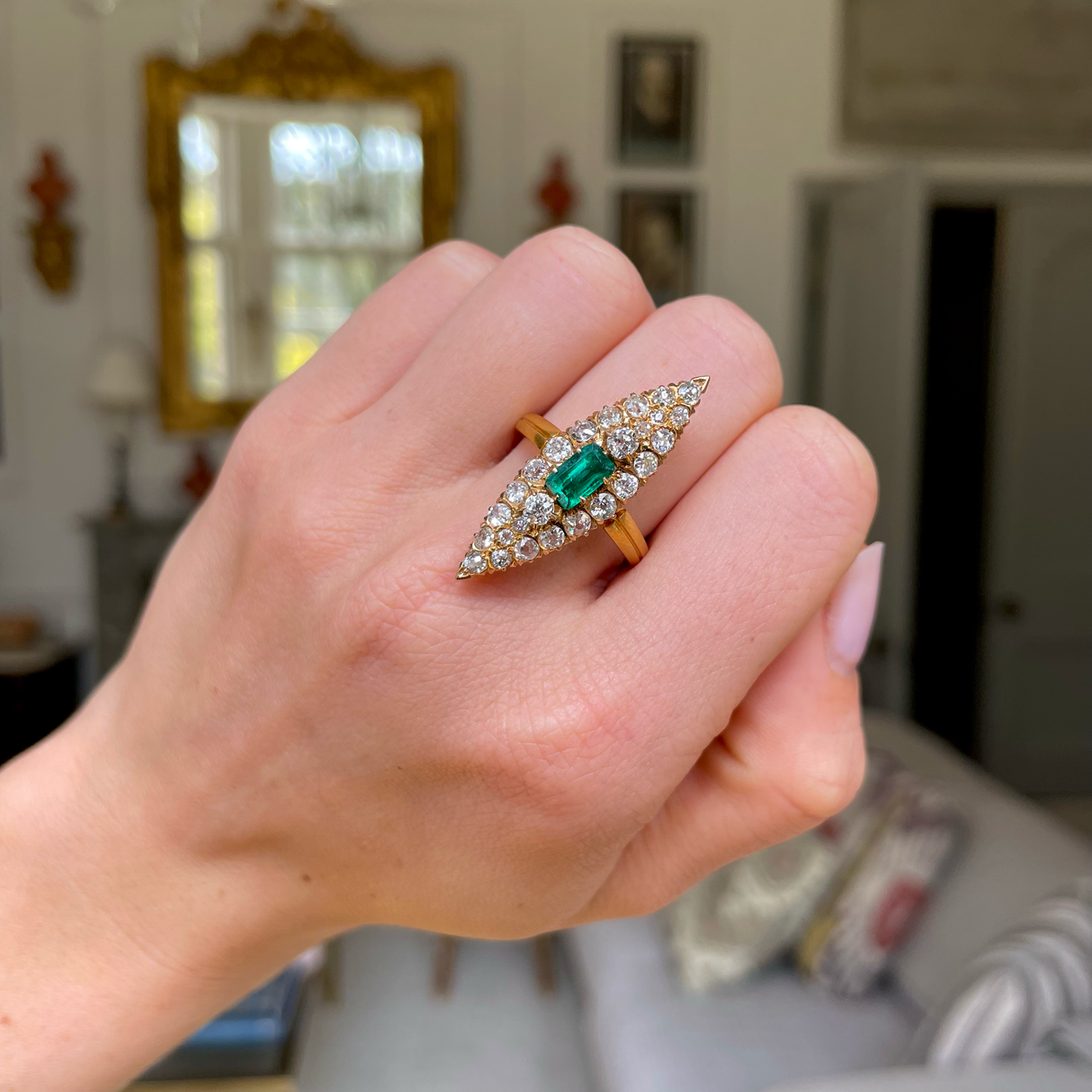 Belle Époque, French, emerald & diamond marquise cluster ring, original box