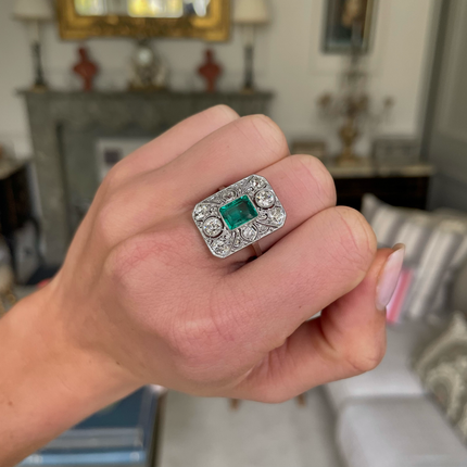 Art Deco Emerald & Diamond Panel Ring, Platinum