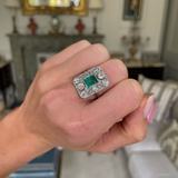Art Deco emerald and diamond panel ring, worn on hand