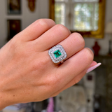 Art Deco, square-cut Colombian emerald & diamond cluster ring