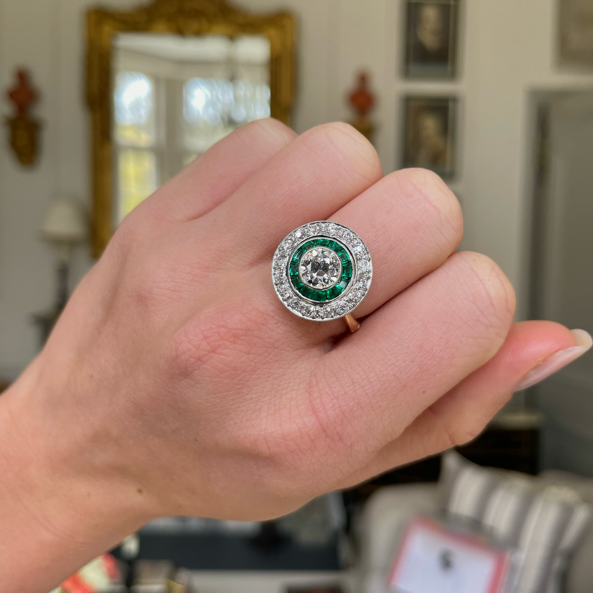 Art Deco emerald & diamond target cluster ring, circa 1920s