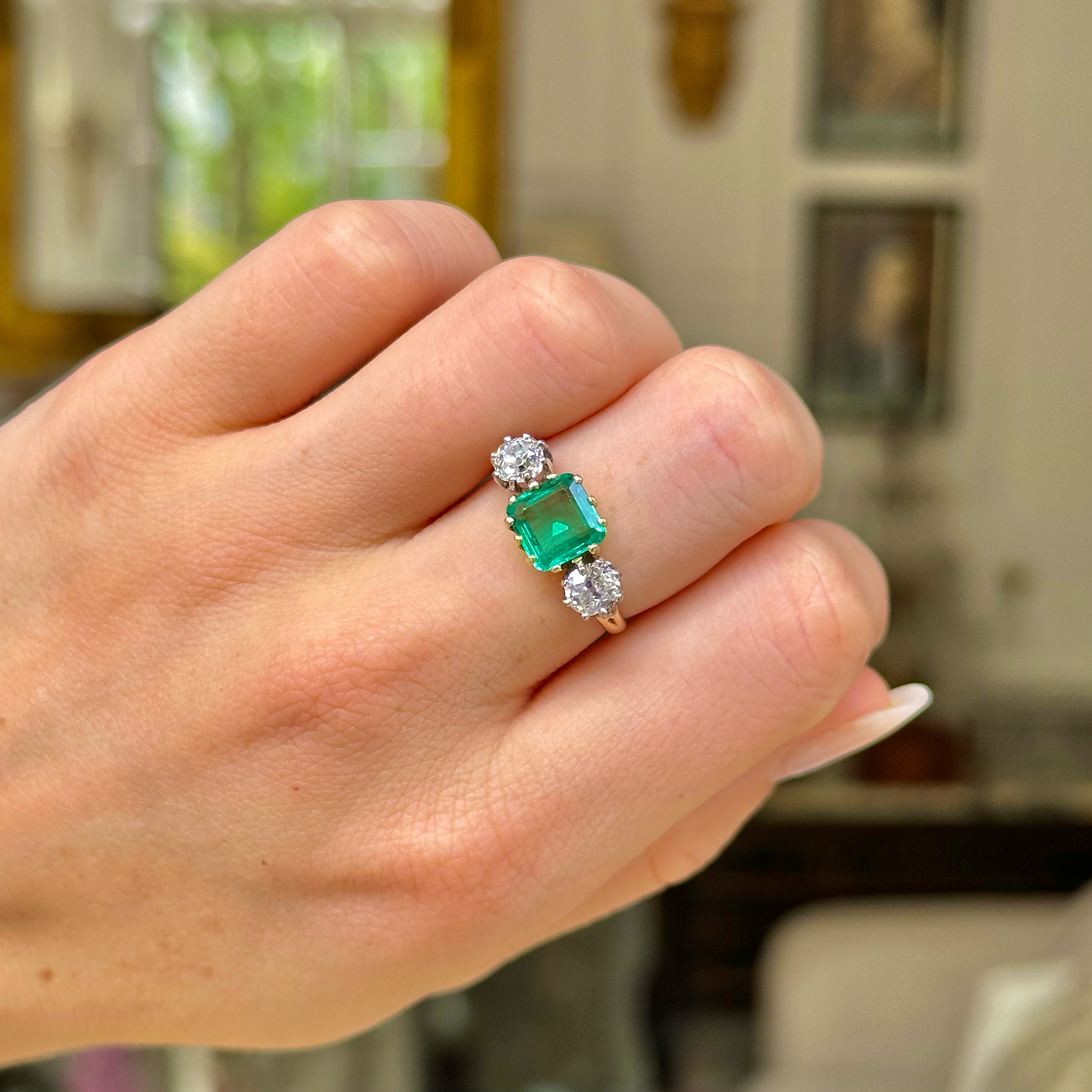 Two Stone Ring with Diamond Shield and Green Emerald – Harold Stevens