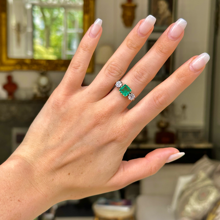 Antique, Emerald and Diamond Three Stone Engagement Ring