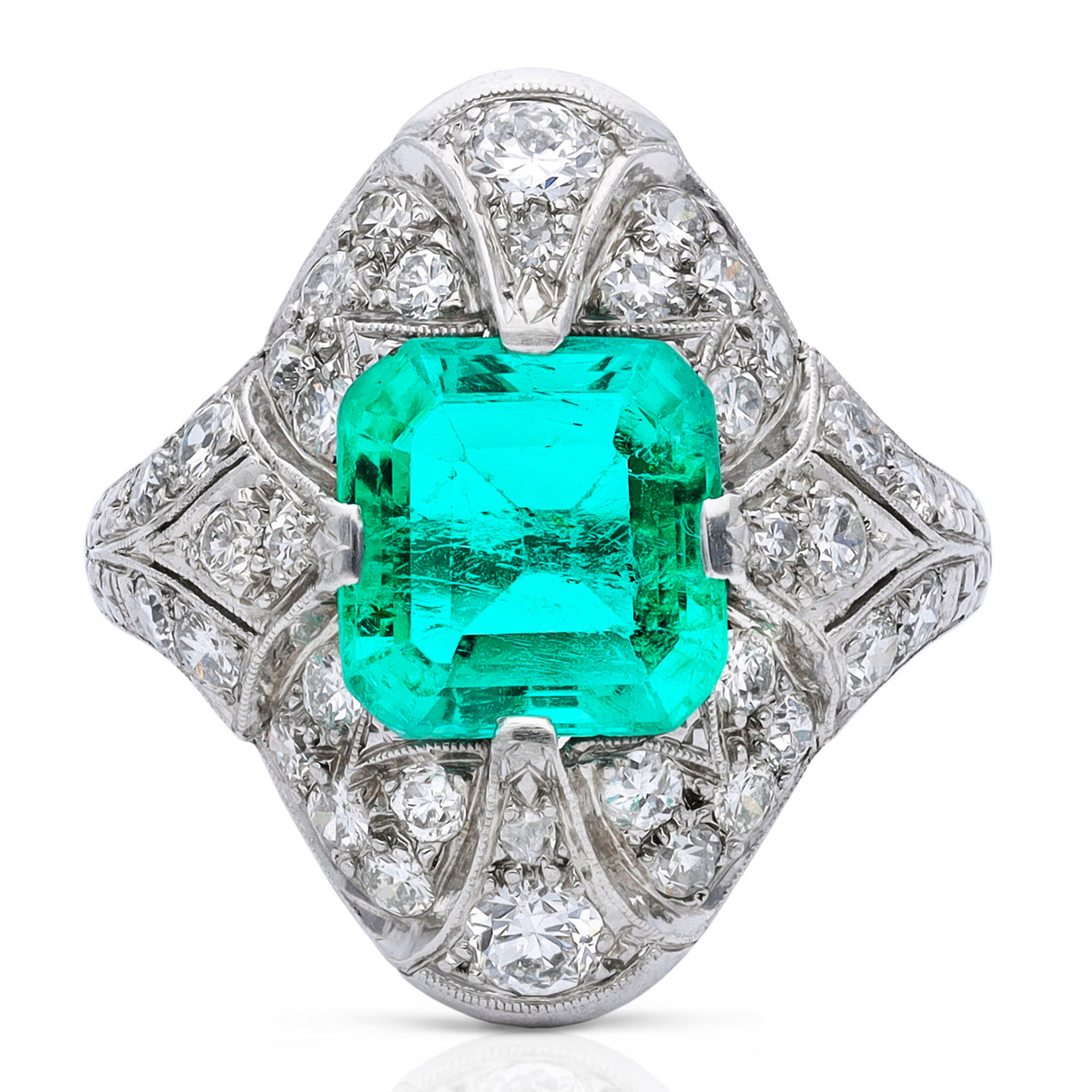 Art Deco emerald and diamond ring, front view. 