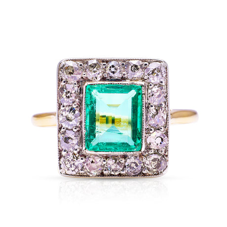 square-cut emerald and diamond cluster ring, front view.