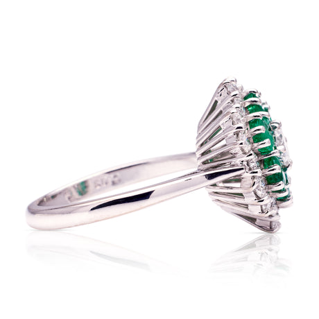 Vintage, 1970s Emerald and Diamond Cluster Ring, 18ct White Gold side view
