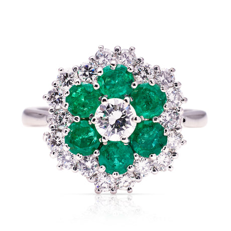 Vintage, 1970s Emerald and Diamond Cluster Ring, 18ct White Gold front view