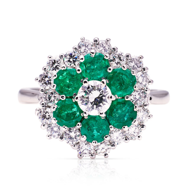 Vintage, 1970s Emerald and Diamond Cluster Ring, 18ct White Gold front view